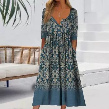 Летнее женское платье трапециевидной формы со свободным подолом, плиссированными пуговицами и круглым вырезом, с коротким рукавом, свободными боковыми карманами, ретро с цветочным принтом, длиной до середины икры, пляжное платье-миди 2XL