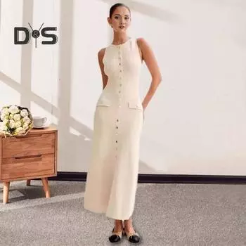 Летнее женское платье трикотажное платье-футляр Slim Fit сплошной цвет с круглым вырезом эластичное однобортное платье без рукавов на пуговицах длиной до середины икры L абрикосовый