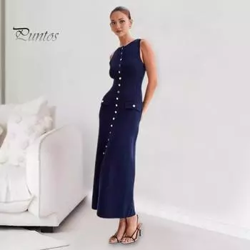 Летнее женское платье трикотажное платье-футляр Slim Fit сплошной цвет с круглым вырезом эластичное однобортное платье без рукавов на пуговицах длиной до середины икры S абрикосовый