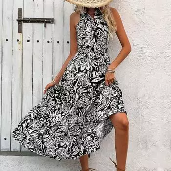 Летнее женское платье. Удобные платья из бамбука и конопли с цветочным принтом. Длинные платья без рукавов с висячим воротником и высокой талией. S чёрный