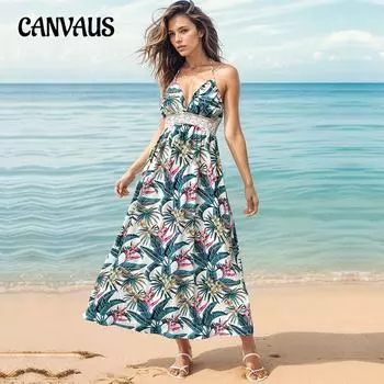 Летнее женское платье V-образный вырез темперамент элегантный растительный принт халтер праздничные платья S белый
