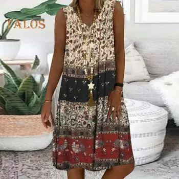 Летнее женское платье Vinatge с цифровым принтом, свободное без рукавов, мягкое дышащее, с v-образным вырезом, трапециевидной формы, свободный подол длиной до колена, женское платье-миди, пляжный сарафан S синий