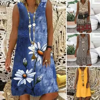 Летнее женское платье Vinatge с цифровым принтом, свободное без рукавов, мягкое дышащее, с v-образным вырезом, трапециевидной формы, свободный подол длиной до колена, женское платье-миди, пляжный сарафан S синий