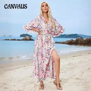 Летнее женское платье в богемном пляжном стиле в праздничном стиле с рюшами и завязками на рукавах S разноцветный