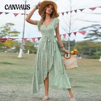 Летнее женское платье в богемном стиле с v-образным вырезом и бретельками, платье с большим подолом, отпускное платье S зелёный