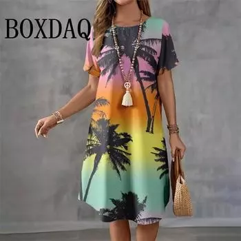 Летнее женское платье в гавайском пляжном стиле с винтажным 3D-графикой пальмы и кокоса, повседневное свободное женское платье А-силуэта XS