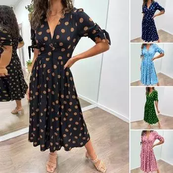 Летнее женское платье в горошек с V-образным вырезом, однобортное, с тонкой талией, трапециевидной формы, с большим подолом, на шнуровке, с короткими рукавами, OL, платье миди для свиданий L чёрный