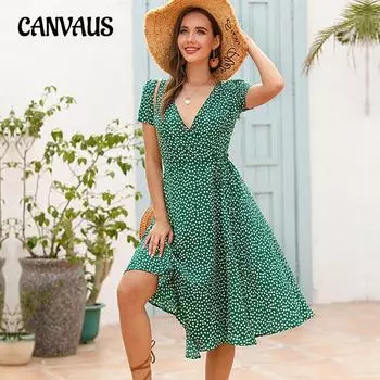 Летнее женское платье в горошек с v-образным вырезом и высокой талией, тонкие повседневные платья с цветочным принтом S сапфир синий