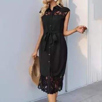 Летнее женское платье в китайском стиле с воротником, однотонные повседневные платья S чёрный