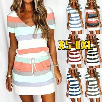 Летнее женское платье в полоску с принтом, праздничная одежда, пляжная одежда с V-образным вырезом, свободная юбка S
