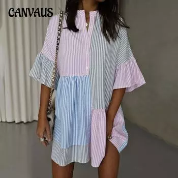 Летнее женское платье в полоску с цветным принтом и короткими рукавами, повседневные платья-рубашки