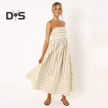 Летнее женское платье в полоску с принтом, без рукавов, с открытой спиной, на тонких бретельках, с вырезом трапециевидной формы, до щиколотки, для отдыха, пляжное платье макси S абрикосовый