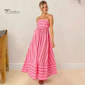 Летнее женское платье в полоску с принтом, без рукавов, с открытой спиной, на тонких бретельках, с вырезом трапециевидной формы, до щиколотки, для отдыха, пляжное платье макси S абрикосовый