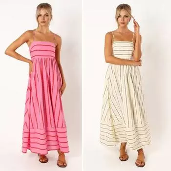 Летнее женское платье в полоску с принтом, без рукавов, с открытой спиной, на тонких бретельках, с вырезом трапециевидной формы, до щиколотки, для отдыха, пляжное платье макси S