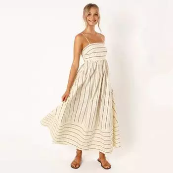 Летнее женское платье в полоску с принтом, без рукавов, с открытой спиной, на тонких бретельках, с вырезом трапециевидной формы, до щиколотки, для отдыха, пляжное платье макси S абрикосовый