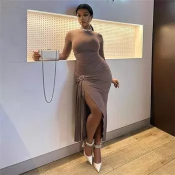 Летнее женское платье в стиле Feel Spice с круглым вырезом, длинными рукавами, асимметричной шнуровкой и разрезом, плиссированное платье S чёрный