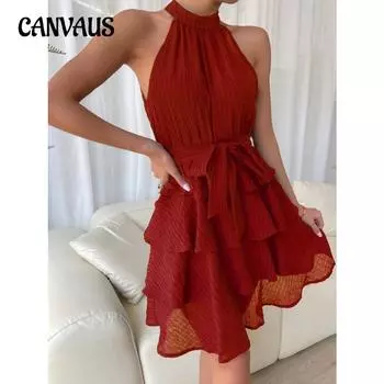 Летнее женское платье в стиле пэчворк без рукавов с рюшами в форме сердца S красный