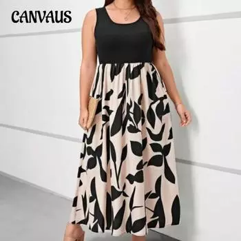 Летнее женское платье в стиле пэчворк с круглым вырезом без рукавов плиссированные платья больших размеров 0XL чёрный