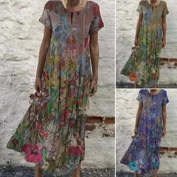 Летнее женское платье в стиле ретро с цветочным принтом, плиссированное, с круглым вырезом и короткими рукавами, трапециевидной формы до щиколотки, повседневное повседневное платье макси