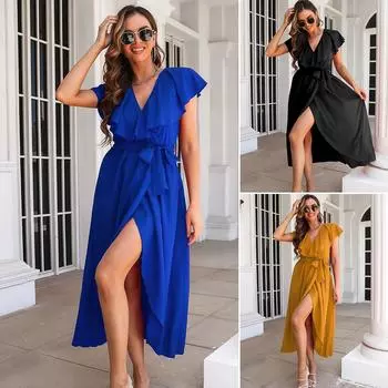 Летнее женское платье, вечернее платье, платье без рукавов с рюшами и v-образным вырезом, женское длинное платье с запахом и разрезом, большой подол, торжественное платье, пышное платье S жёлтый