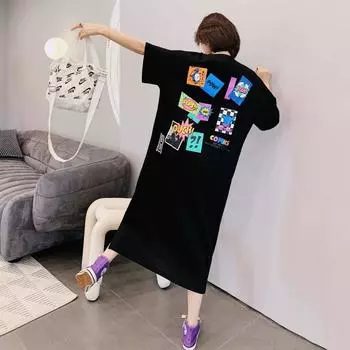 Летнее женское платье выше колена, свободное платье средней длины с короткими рукавами M чёрный