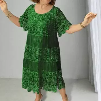 Летнее женское платье Yousheng с ажурным кружевом, круглым вырезом, плиссированное, однотонное, длиной до середины икры, свободный пуловер, короткие рукава, цветочная вышивка, платье миди XXL зелёный