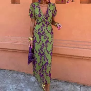 Летнее женское платье Yousheng с глубоким V-образным вырезом, цветочным принтом и короткими рукавами, облегающее, длиной до середины икры, для поездок на работу, выпускного вечера, свиданий, миди-платье XXXL зелёный