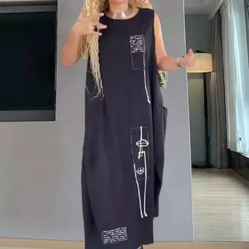 Летнее женское платье Yousheng с круглым вырезом, боковыми карманами, свободным А-силуэтом, жилетом большого размера с принтом и кисточками, длиной до щиколотки, пуловер, макси-платье 3XL красный