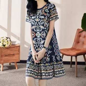 Летнее женское платье Yousheng с круглым вырезом, короткими рукавами и принтом в стиле ретро, А-силуэта, большим подолом, длиной до колена, свободное повседневное платье-миди для отпуска XL темно-синий
