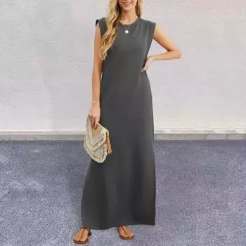 Летнее женское платье Yousheng с круглым вырезом, без рукавов, без застежки, свободная талия, однотонное, длиной до щиколотки, для поездок на работу, макси-платье M чёрный