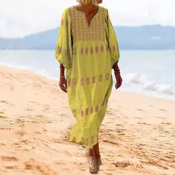 Летнее женское платье Yousheng с рукавами три четверти в бохо-стиле, свободный пуловер с V-образным вырезом, повседневное платье-миди длиной до середины икры M белый