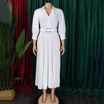 Летнее женское платье Yousheng с V-образным вырезом, лацканами, А-силуэтом, рукавами три четверти, плиссировкой и тонкой талией, размер плюс, однотонное, длиной до середины икры, платье-миди для поездок на работу 3XL белый