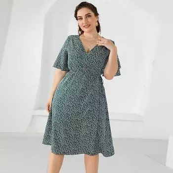 Летнее женское платье Женское повседневное платье с цветочным принтом Короткие рукава Элегантные платья для вечеринок Плюс Размер 2XL красный