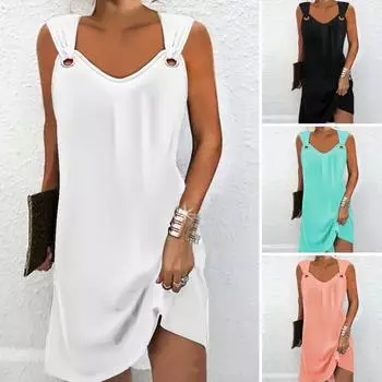 Летнее женское платье-жилет без рукавов с v-образным вырезом и полым кольцом, однотонное свободное платье, тонкое мини-платье, уличная одежда M оранжевый