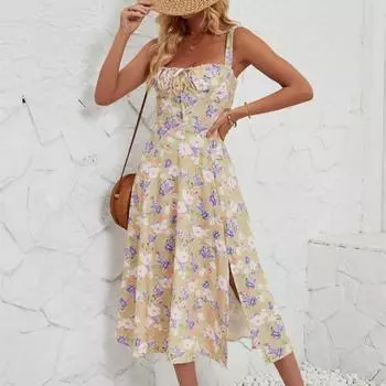 Летнее женское плиссированное платье длиной до щиколотки без рукавов с принтом и квадратным вырезом S