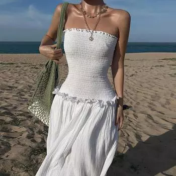 Летнее женское плиссированное платье с высокой эластичностью и оборками S белый