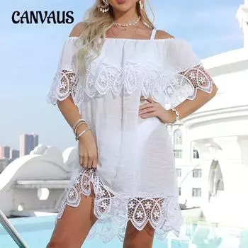 Летнее женское пляжное платье без бретелек с шалью и рукавами большого размера, пляжное платье с вышивкой в стиле пэчворк из бамбука и хлопка в богемном стиле
