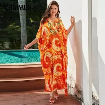 Летнее женское пляжное платье больших размеров с цветным принтом тай-дай, сексуальное праздничное солнцезащитное бикини, прикрытие One Size оранжевый
