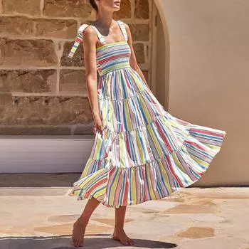 Летнее женское пляжное платье для отдыха на бретельках с открытой спиной и принтом, без рукавов, без воротника, длинное платье со средней талией L
