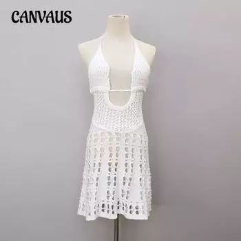 Летнее женское пляжное платье, однотонное открытое вязаное платье, сексуальный купальник, накидка с завязкой на шее, висит One Size белый