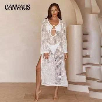 Летнее женское пляжное платье, однотонное сексуальное вязаное ажурное бикини, купальник, длинное платье с солнцезащитным кремом