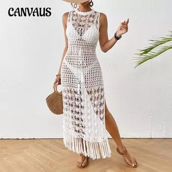 Летнее женское полое пляжное платье с цветочным принтом, длинное платье с завязками на талии и кисточками, пляжное платье S белый