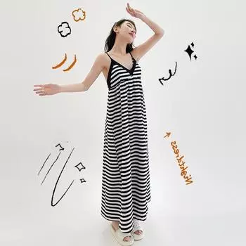 Летнее женское полосатое свободное макси-платье больших размеров с V-образным вырезом, без рукавов, ночная рубашка на подтяжках, которую можно носить на улице, ночная рубашка, домашняя одежда XXXL чёрный