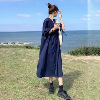 Летнее женское повседневное длинное платье-рубашка в стиле ретро