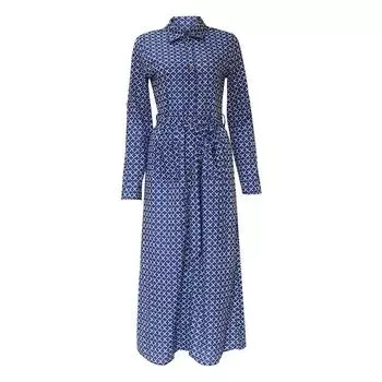 Летнее женское повседневное мини-платье с длинным рукавом и полосатым принтом на пуговицах и повязке на талии XL синий