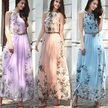 Летнее женское повседневное платье на бретелях в стиле бохо, тонкое платье, шифоновое пляжное платье без рукавов с цветочным принтом, курортное платье макси, женское платье S розовый