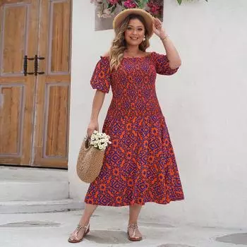 Летнее женское повседневное платье с цветочным принтом, платье с открытыми плечами и короткими рукавами, пляжное праздничное платье, элегантное дышащее легкое удобное платье 1XL оранжевый