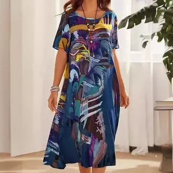 Летнее женское повседневное платье с круглым вырезом и принтом, с короткими рукавами, повседневные платья класса А S синий