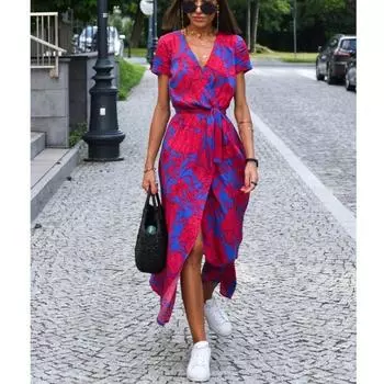 Летнее женское повседневное платье с принтом с v-образным вырезом и коротким рукавом, свободные платья с разрезом больших размеров, платья средней длины, уличная одежда, элегантные женские платья трапециевидной формы 767 S красный