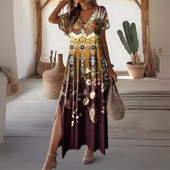 Летнее женское повседневное платье с разрезом по подолу, платье-трапеция с принтом, круглым вырезом, для повседневной носки, для улицы S темно-коричневого
